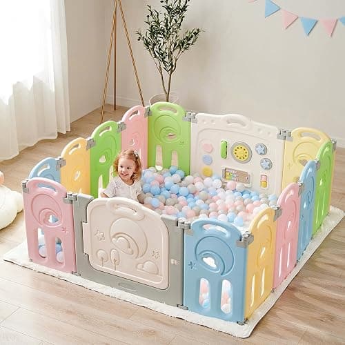 Fortella Cloud Castle Foldable Playpen, Baby Safety Play Yard with Whiteboard and Activity Wall, Indoors or Outdoors (Multicolor 14 Panel) - Image 1