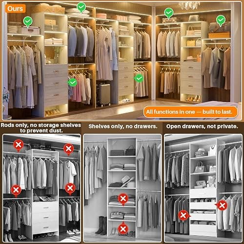 Armocity 96 Inches Closet System, 8FT Walk In Closet Organizer with 3 Shelving Towers, Heavy Duty Clothes Rack with 3 Drawers, Built-In Garment Rack, 96"L x 16"W x 75"H, Load 1000 LBS, White Oak thumbnail 4