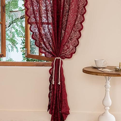 ALIGOGO Burgundy Sheer Curtains 63 Inch Length 2 Panels, Victorian Floral Red Lace Curtains for Bedroom, Embroidered Privacy Rod Pocket Scalloped Burgundy Home Décor, 52W x 63L Inch, Dark Red thumbnail 2
