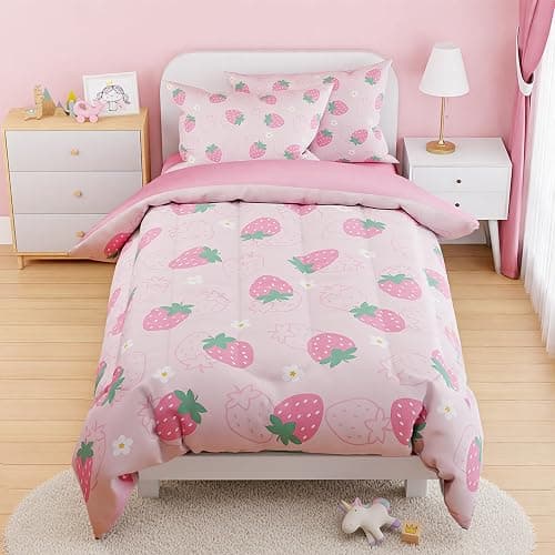 SANDJEST Strawberry Comforter Set Twin Size 68x86in for Kids Girls, Microfiber 3 Pcs Bedding Set Includes 1 Comforter, 1 Pillowcase, 1 Fitted Sheet, Nursery Room Decor - Image 1
