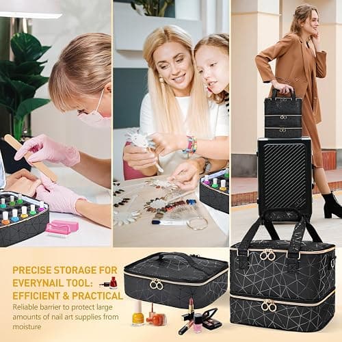 YUYAFN Large Nail Polish Organizer Bag Holds 84 Bottles Nail Polish and a Nail Lamp, PU Leather Nail Kit Storage Carrying Case, Removable Portable Travel Nail Art Tool Storage thumbnail 8