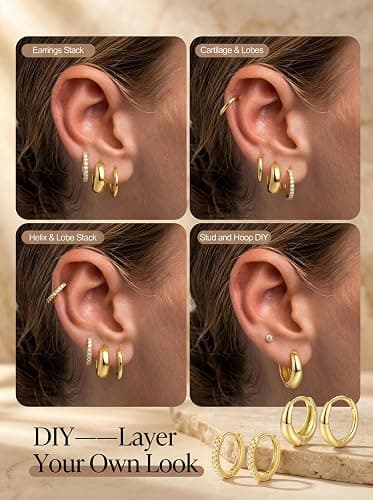 9 Pairs Gold Huggie Hoop Earrings Sets for Women, 14K Gold Plated Small Hoop Earring Sets for Multiple Piercing, Hypoallergenic Thick Lightweight Earring for Womens Jewelry Gifts thumbnail 5
