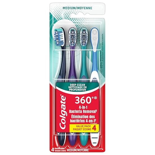 Colgate 360 Whole Mouth Toothbrush, Adult Toothbrushes Medium Bristles, Helps Remove Bad Breath Bacteria and Plaque, Medium Toothbrush Pack, Includes Cheek and Tongue Cleaner, 4 Pack thumbnail 8