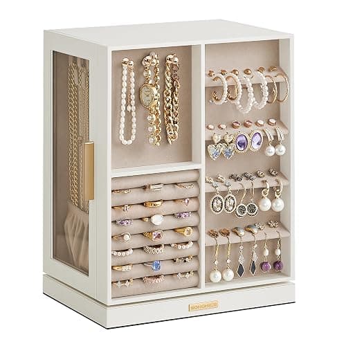 SONGMICS Jewellery Box 360° Rotating, Jewellery Organiser with 5 Drawers, Jewellery Display Case, Glass Window, Spacious, Vertical Jewellery Storage, Open Design, Great Gift, Cloud White JBC170W01 - 16D x 22.2W x 28.5H cm - Cloud White - Image 1
