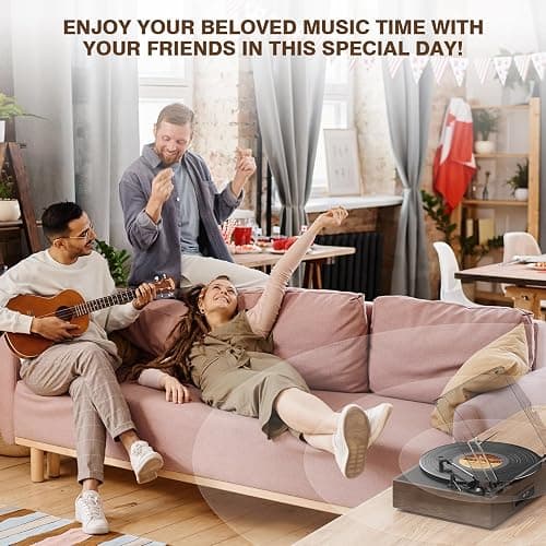 Bluetooth Vinyl Record Player,3-Speed Turntable with Stereo Speakers Vintage Phonograph Record Player, with RCA Line Out AUX in Headphone Jack Coffee Wood thumbnail 7