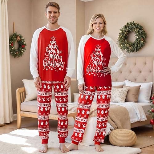 Urkutoba Family Christmas Pajamas Matching Sets - Soft Lettler Print Xmas Pjs for Couples & Kids | Holiday Family Pajamas thumbnail 3