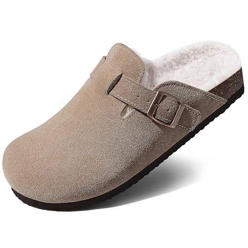 KIDMI Women's Fur Lined Suede Clogs Fuzzy Cork Footbed Mules Slip On Winter Potato Shoes - Image 1