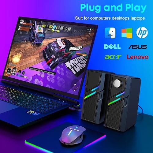 LENRUE Computer Speakers for Desktop PC with Easy Knob, Clear Powerful Sound, Touch Lights, Plug and Play for Computer Desktop PC, Monitors, Laptop (USB & AUX) thumbnail 5