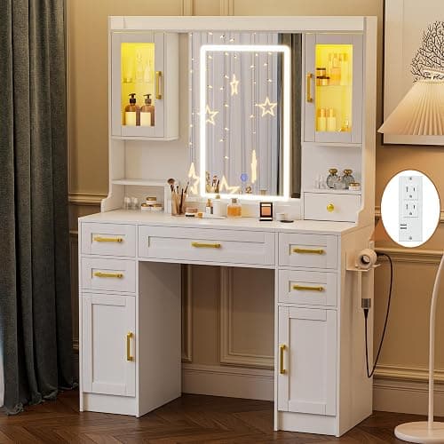 NUNU LAB Large White Vanity Desk with Mirror and Lights | Women Makeup Table with Power Outlet, 3-Color Adjustable Lighting with 5 Drawers for Bedroom Brown thumbnail 8