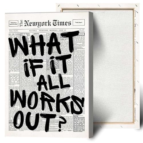 Drimiler Retro Black And White Newspaper Poster What If It All Works Out Canvas Wall Art Positive Affirming Quote Minimalist Prints Painting For Home Bedroom Dorm Wall Decor 16x24in Wframed - Image 1