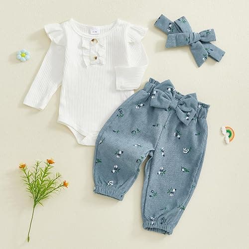 YINGISFITM Newborn Baby Girl Clothes Daddys Girls Outfits Pants Sets 3pcs | Baby Girl Fall Outfit,Daddys Girl Baby Outfits,Long Sleeve Romper + Bow Pants + Headband,Newborn Girl Coming Home Outfit thumbnail 3