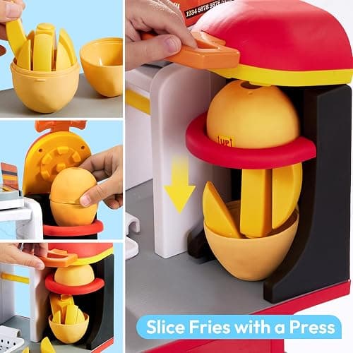 Play Kitchen Toddler Toy - 40+ PCS Fast Food Station with Potato Cutter, Simulated Frying Effect & Lights, Order & Drink Station - Pretend Play Food Toy Birthday Gift for Boys Girls thumbnail 5