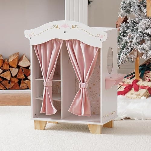 ROBUD Wooden Play Armoire Closet for Dolls, Doll Closet Furniture Wardrobe with 5 Hangers, Mirror, Velvet Curtains, Fit for 16-20in American Girl Doll Clothes, Gift for Boys & Girls, 3+ thumbnail 2