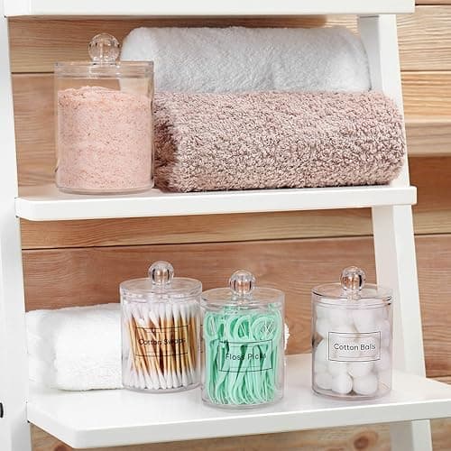 4 Pack Acrylic Qtip Holder Dispenser for Cotton Swabs, Balls, Pads, Floss Picks- Small Clear Plastic Canister Apothecary Jar Set, Bathroom Essentials Accessories Decor, Vanity Makeup Storage Organizer - 4 Pack thumbnail 6
