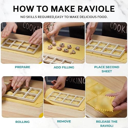 MUMSUNG Ravioli Maker Press, Ravioli Press Mold Set - Round, Heart, Square Ravioli Stamp Maker Cutter with Wood Rolling Pin, 2.6" Empanada Maker Press Kit and Ravioli Wheel 3 PCS thumbnail 9