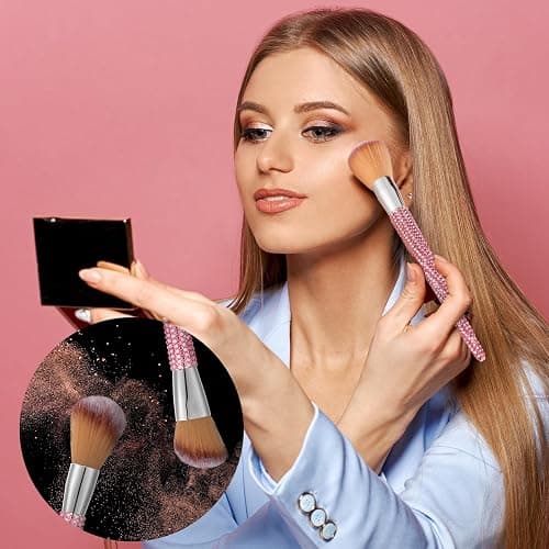 Rtteri 13 Pcs Rhinestone Pink Makeup Brushes Set Bling Crystal Professional Face Cosmetics Blending Liquid Foundation Powder Concealer Eye Shadows Make up Beauty Tool Glitter with Holder thumbnail 6