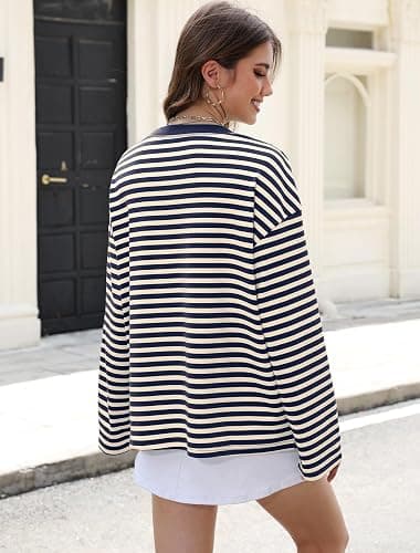 IWD Womens Striped Long Sleeve Shirts Y2k Oversized Drop Shoulder Sweatshirt Crewneck Color Block Pullover Tops thumbnail 3