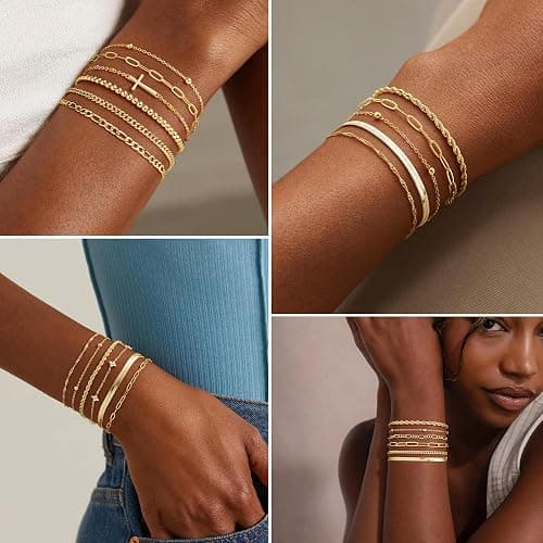 M MOOHAM Gold Bracelets Set for Women No Tarnish | 14K Gold Plated, Dainty Stackable Bracelets Stack for Women, Herringbone Paperclip Rope Cuban Chain Bracelet Set Stack thumbnail 5