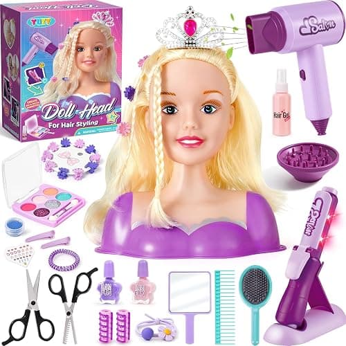 TUZT Hair Styling Doll Head Makeup Kit for Girls Toys, Hair Salon Toys & Real Makeup Nail Polish, Kid Beauty Hair Stylist with Hairdryer Curling Iron, Birthday Gift for Girl 3 4 5 6 7 8+ Year Old Toy - Image 1