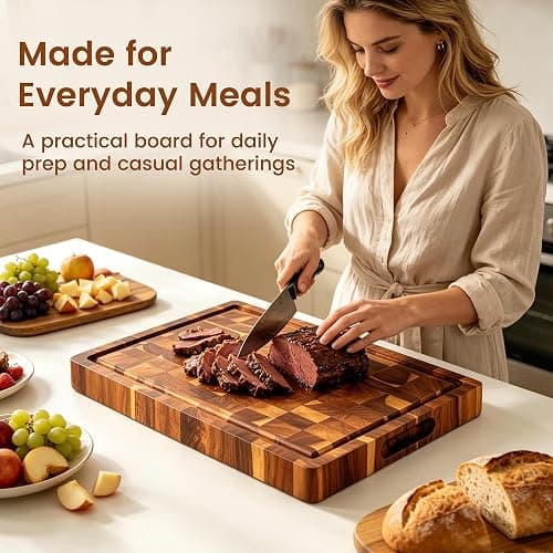 Bierofaro Large Solid Wood Chopping Board, 42 x 33 x 3 cm, Butcher Block | Thick end grain design， juice groove and side handles, designed for chopping, carving meat and serving charcuterie. thumbnail 6