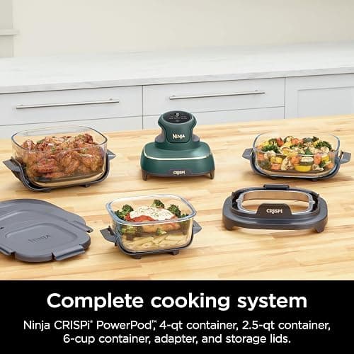 Ninja Crispi 5-in-1 Portable Glass Air Fryer, 4-QT, 2.5-QT & 6-Cup Glass Containers with Crisper Plates & Storage Lids, Microwave, Freezer & Dishwasher Safe, British Racing Green, FN103BF thumbnail 3