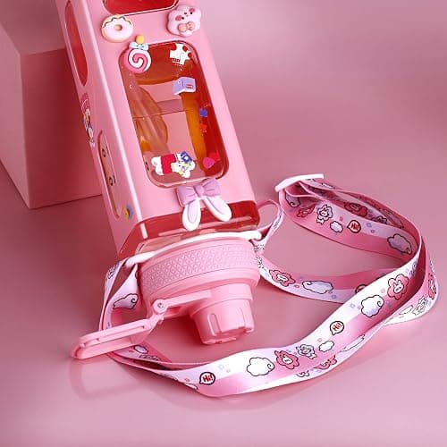 NEWSTYP Kawaii Bear Pastel Water Bottle With 3D Sticker 700ml Plastic Travel Tea Juice Milk Portable Cute Shaker Drink Bottle Gift (Pink) thumbnail 7