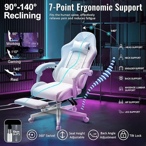 TUKAKA White Gaming Chair,Ergonomic Massage Computer Office Desk Chair with Footrest,Pocket Spring Cushion,Reclining Leather Adjustable Gamer Chair with Headrest and Lumbar Support,White thumbnail 6