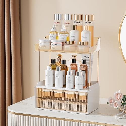 Delamu 4-Tier Makeup Organizer, Bathroom Counter Storage, 2 Drawers, Amber | Elegant Vanity Organizer Gift for Women, Holds Perfume, Skincare, Nail Polish & Hair Accessories for Bathroom Countertop thumbnail 3