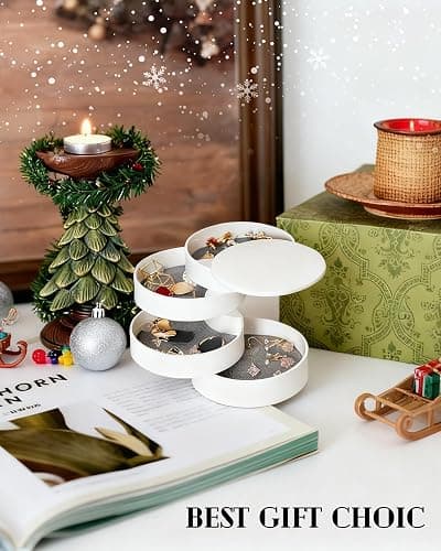CONBOLA Jewelry Organizer, Small Jewelry Storage Box Earring Holder for Women, 5-Layer Rotating Travel Jewelry Tray Case with Lid for Bracelets Rings Bracelets, Gift for Women Teen Girls(White) thumbnail 2