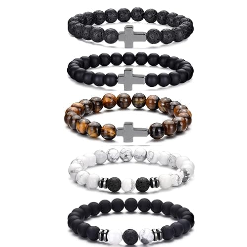Crgwxzl Cross Bead Bracelet for Men Women,8mm Tiger Eye, Lava Rock, Black Obsidian Healing Crystal Beaded Bracelets,Natural Protection Stone Bracelets Jewelry Gifts for Men Women - Image 1