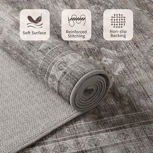 Rugxara Area Rugs 5x7 for Living Room Bedroom, Grey Washable Rug, Vintage Retro Boho Rug, Non Slip & Low Pile Faux Wool Thin Carpet for Indoor Dining Room, Dorm and Kids Room(Taupe/Grey 5x7ft) thumbnail 4