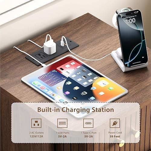 Decofy Fluted Nightstand Set of 2, Mid Century Modern Bedside Table with Charging Station, Walnut End Tables with Sliding Tambour Doors, Storage Cabinet and Open Shelf for Bedroom, Walnut thumbnail 3