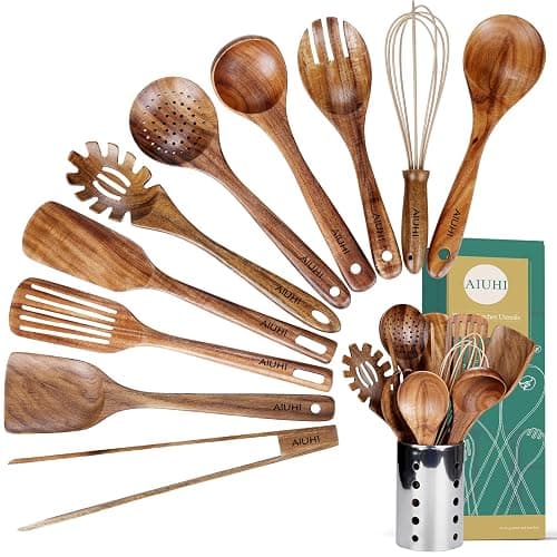 Kitchen Utenails Set with Holder,Kitchen Wooden Utensils for Cooking, Wood Utensil Natural Teak Wood Spoons for Cooking,Wooden Kitchen Utensil Set With Spatula and Ladle (11) - Image 1