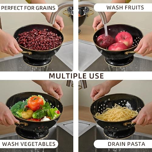 Metal Colander 2 Pack, 3.5 Quart Powder Coated Self-draining Solid Ring Base Metal Large Kitchen Pasta Vegetable Fruit Strainer with Handle (L-BLACK) thumbnail 6