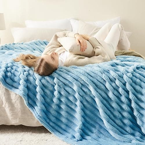 NEWCOSPLAY Super Soft Throw Blanket Blue Premium Silky Flannel Fleece 3D Ribbed Jacquard Lightweight Bed Blanket All Season Use (Blue Ribbed, Throw(50"x60")) thumbnail 4