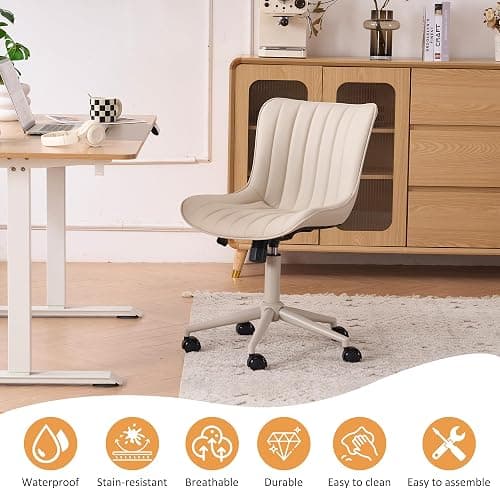 YOUNIKE Cream Home Office Desk Chair with Wheels Armless Compact Comfy Vanity Chair with Adjustable Back Modern Small Leather Upholstered Rolling Swivel Cute Computer Task Sewing Chair No Arms thumbnail 7