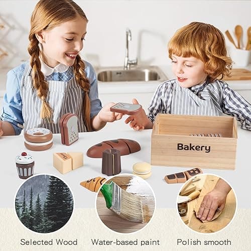 kienvy 10 PCS Bakery Wooden Play Food Set for Kids Kitchen, Wooden Food Cutting Toys, Pretend Play Kitchen Food Toy Accessories with Storage Box, Christmas Birthday Present for Toddlers & Kids Ages 3+ - Bakery thumbnail 6