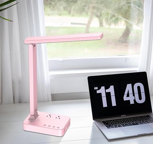 Drevet LED Desk Lamp, Desk Light with 1 USB Charging Port and 2 AC Power Outlet, 3 Lighting Modes, 3 Level Brightness,1H Timer, Touch Control, Eye-Caring Home Office Foldable Table Lamp (Pink) thumbnail 6