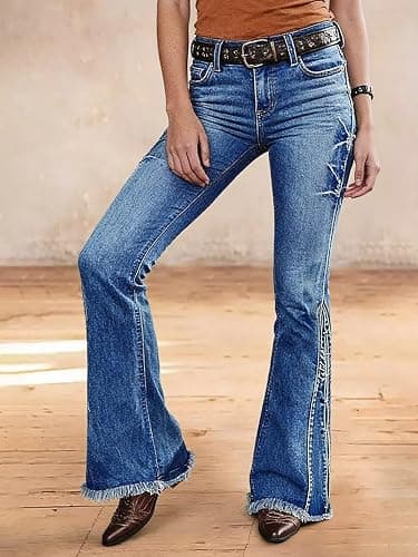 Flamingals Flare Leg Jeans for Women Mid Waist Wash Stretch Raw Hem Bell Bottom Bootcut Denim Jeans thumbnail 4