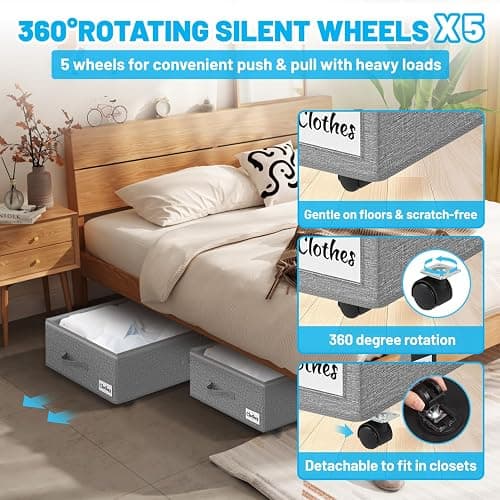 Under Bed Storage with Wheels, 2-Pack 6.7" Height XL 50L Rolling Storage Bins, Quick Assembly Underbed Shoe Storage Containers with Clear Lid & Label, Dorm Under bed Drawers for Clothes, Shoes, Grey thumbnail 4