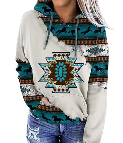 Lanaoree Women's Geometric Horse Print Aztec Hoodie Pullover Cowgirl Western Hooded Sweatshirt S-2XL - Image 1