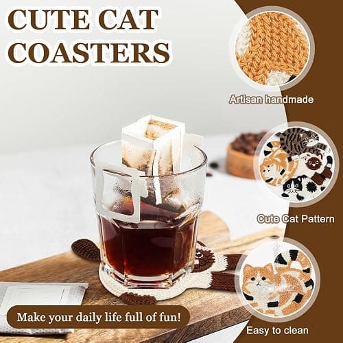 OT-NVWOZR Cute Cat Coasters for Desk, Funny Woven Coaster for Decoration, Creative Gifts for Cat Lovers, Crochet Insulation Knitted Coasters for Coffee Tea Table Desktop Protection (4, Style B) thumbnail 3