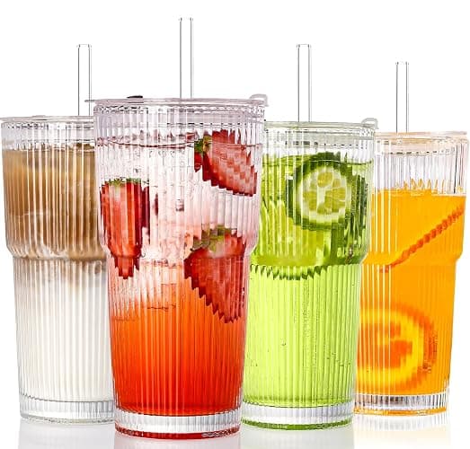 SIPBYSOP 4PCS Ribbed Glass Cups with Lids and Straws, 20oz Vintage Drinking Glasses, Aesthetic Iced Coffee Cups, Glass Tumbler for Boba, Beer, Tea, Cocktails, Ribbed Glassware Set,Clear - Image 1