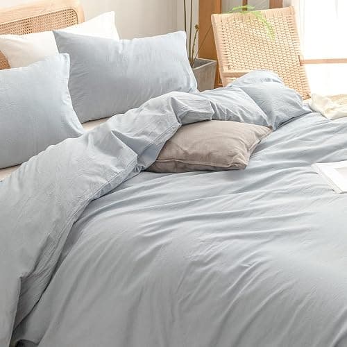 BESTOUCH Duvet Cover Set 100% Washed Cotton Linen Feel Super Soft Comfortable Chic Lightweight 2 PCs Home Bedding Set Solid Cornflower Blue Twin/Twin XL thumbnail 2