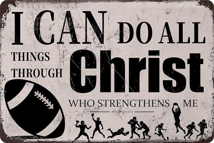 Football Wall Decor for Boys – “I Can Do All Things Through Christ” Inspirational Tin Sign – Christian Sports Room Art for Kids Bedroom or Locker Room, 8x12 Metal Football Sign - Image 1