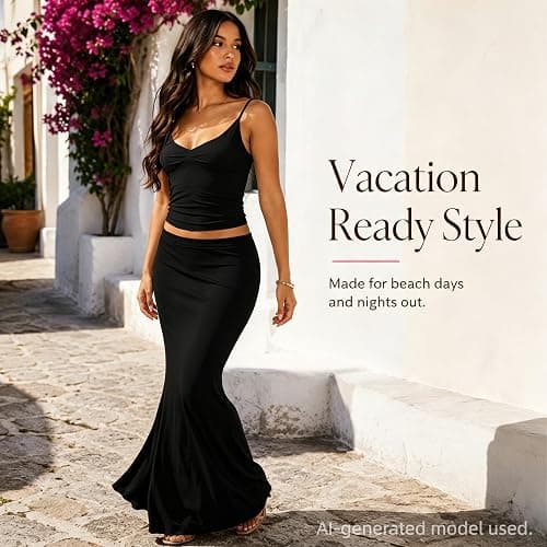 Lybiogs Two Piece Skirt Set for Women - Sexy Sleeveless Spaghetti Strap Pleated Tank Top Maxi Long Skirts Sets thumbnail 4