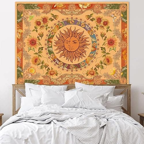 Accnicc Yellow Sun and Moon Tapestry Vintage Indie Boho Tapestry Wall Hanging with Sunflowers Butterfly Moth Constellation Aesthetic Wall Tapestries for Bedroom Dorm Living Room (Orange, 48'' × 36'') thumbnail 4