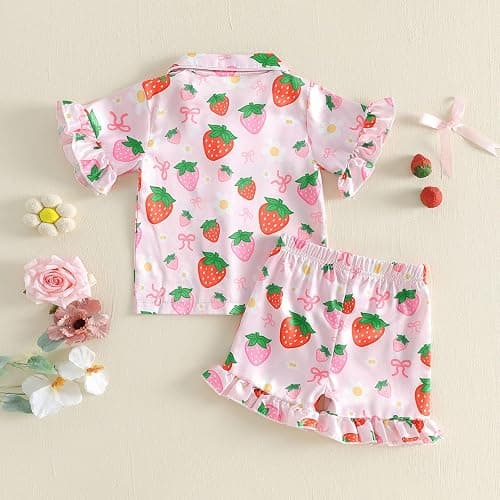 Kavousa Toddler Baby Girls Birthday Pajamas Donut Cake Bow Print Ruffle Shirt Shorts Little Girls Summer Sleepwear Outfits thumbnail 7