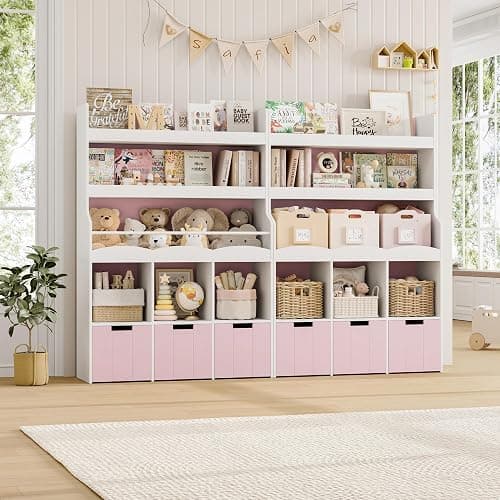 HITHOS 55.3"H Kids Bookshelf with Toy Storage Organizer, Tall Book Shelf with 3 Mobile Toy Storage Bins, Large Kids Bookcase with Toy Chest, 39.2"W Modern Toy Box for Kid Room, Playroom, Pink, White thumbnail 3