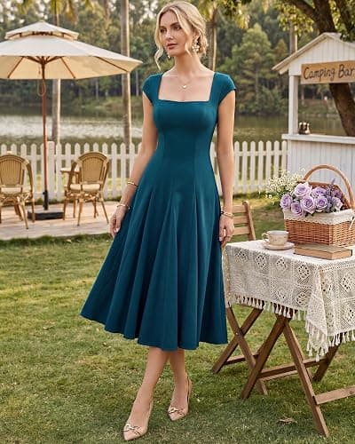 OXP Women's 2026 Summer Elegant Square Neck Cap Sleeve Midi Cocktail Semi Formal Dress for Wedding Guest Evening Party thumbnail 2